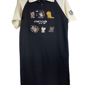 Korea brand Black & Cream Cat Graphic Polo  Dress
